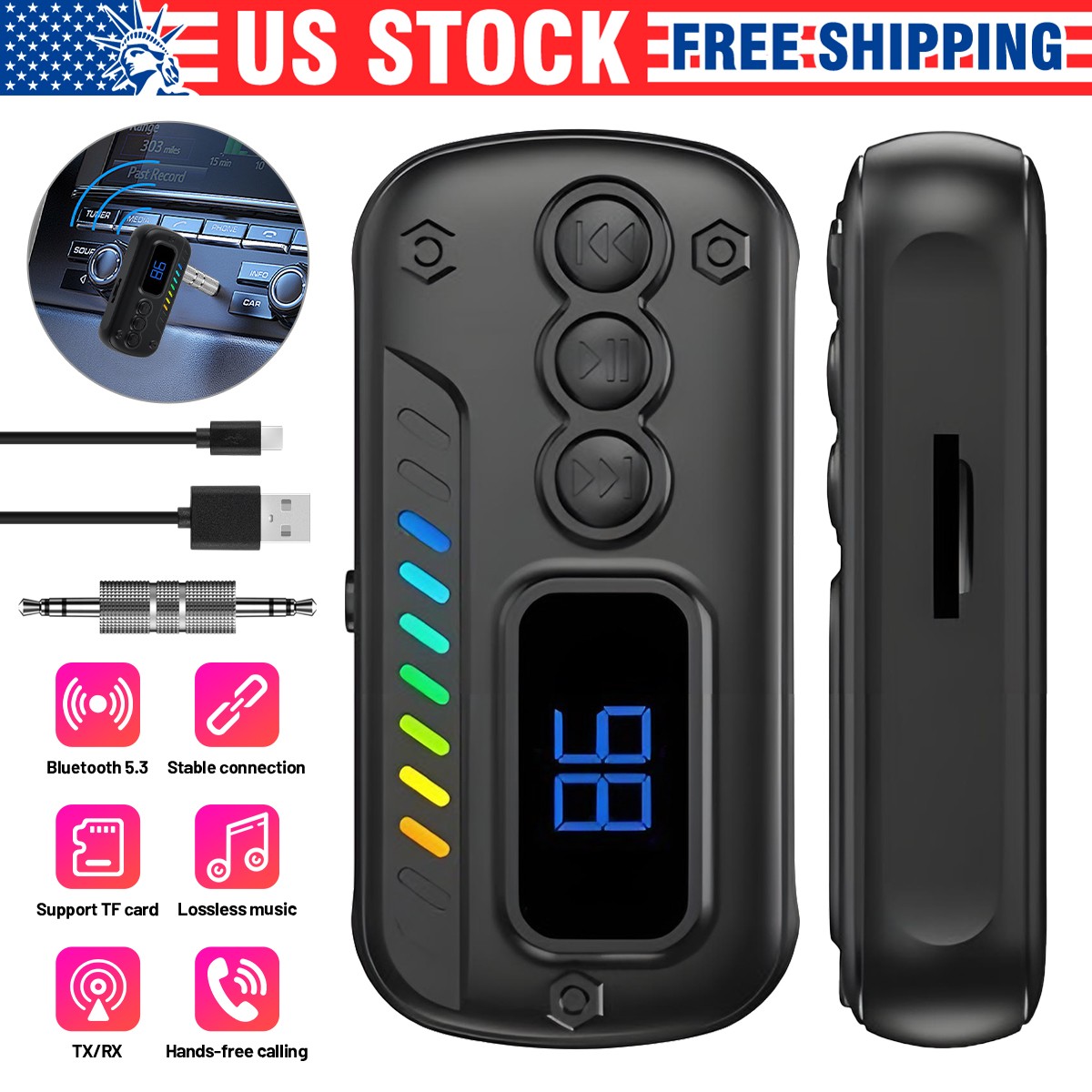 Portable Bluetooth 5.3 Wireless Transmitter Receiver Car Audio Adapter 3.5mm Aux