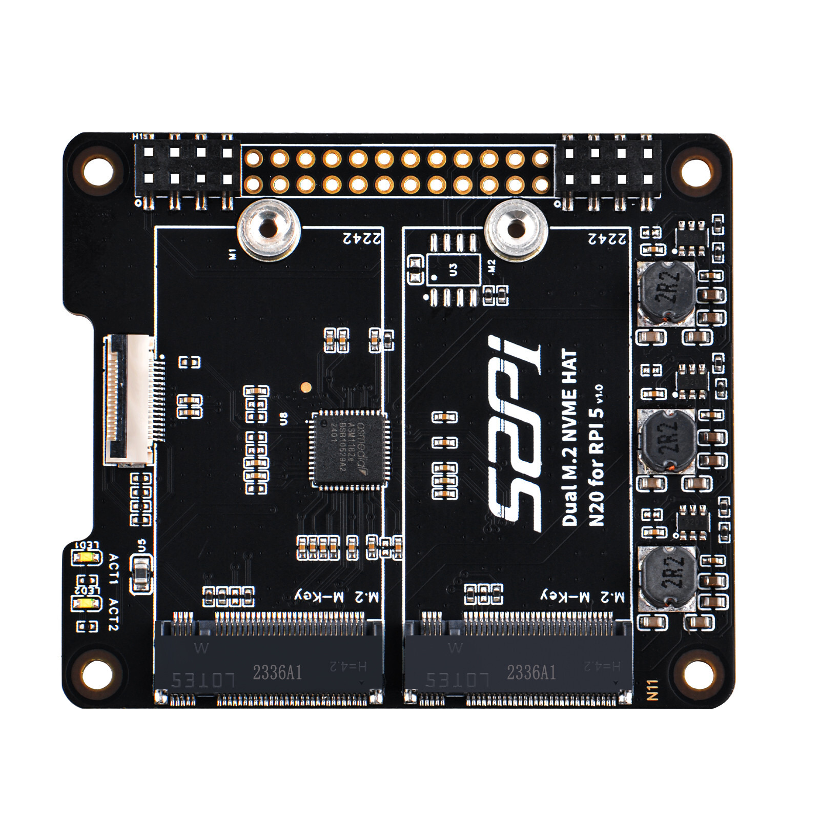 N20 Dual 2242 NVMe HAT Extension Adapter Board for Raspberry Pi 5 with ASM1182e