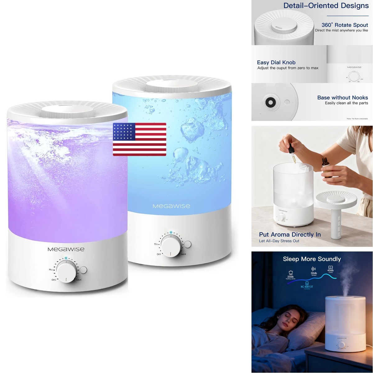 Megawise 2 Pack 3.5L Ultrasonic Cool Mist Humidifier Top-Fill Essential Oil