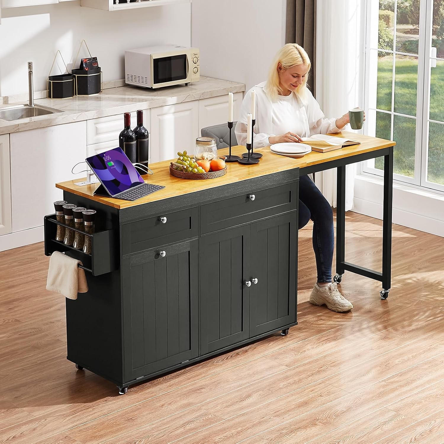 81.7" Kitchen Island with Extendable Dining Table - Mobile Cart, Black