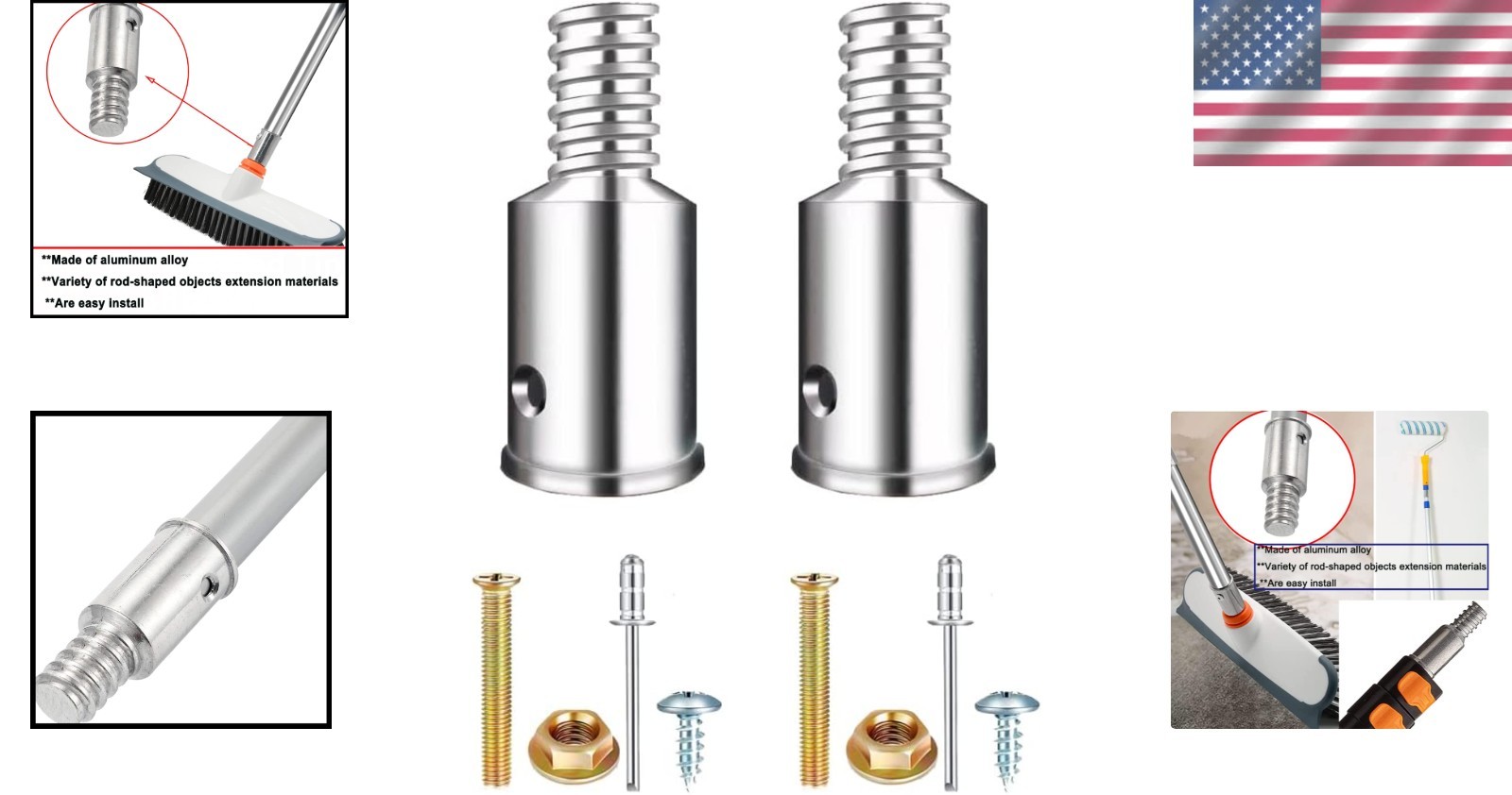2-Pack Aluminum Threaded Tips for Extension Poles - Easy Installation