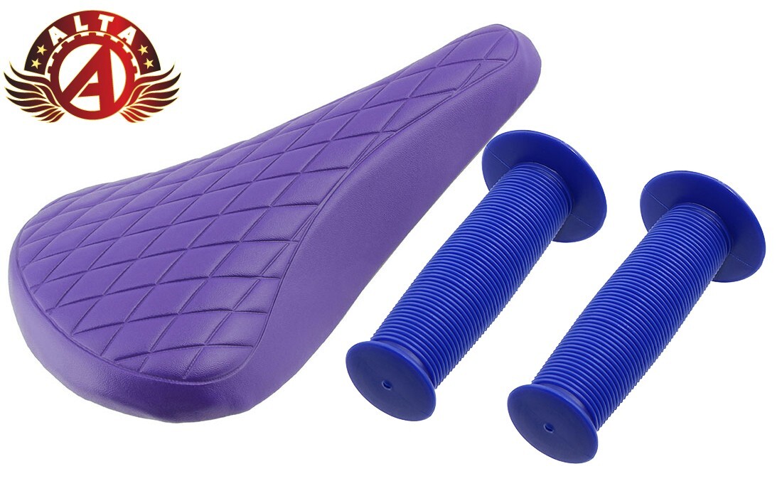 ALTA Purple Diamond Saddle & Blue/White Mushroom Grips BMX BIKES.