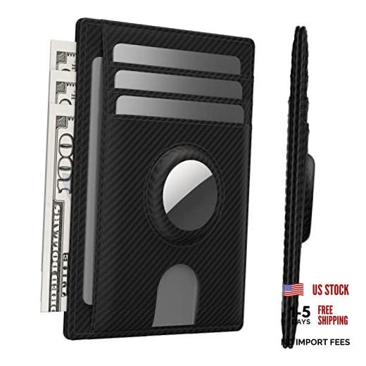 Slim Airtag Card Wallet for Men, Front Pocket Carbon Fiber Black Minimalist
