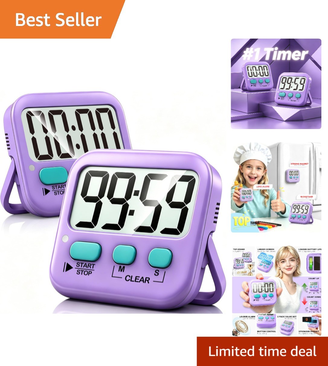 2 Pack Digital Kitchen Timer for Kids - Countdown & Count Up, Loud/Silent Mode