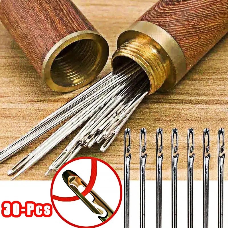 30pk Self Threading Sewing Needles Stainless Steel Darning Needles w/ Case USA