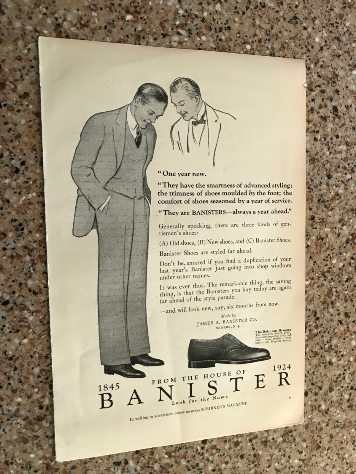 1924 VINTAGE 6.5x10 PRINT AD FOR Banister Shoes: Belmont Brogue "ONE YEAR NEW"