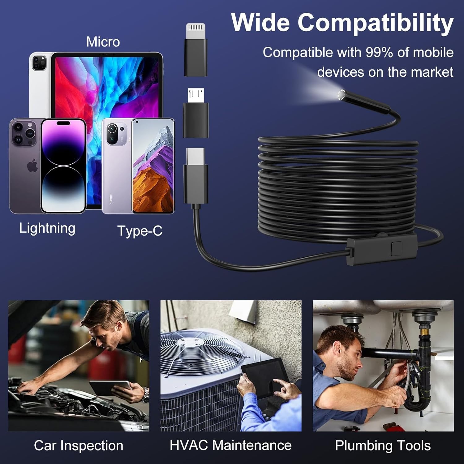 Reliable 1920P HD Endoscope Camera - 16.4ft Borescope, 8 LEDs, Easy Connect