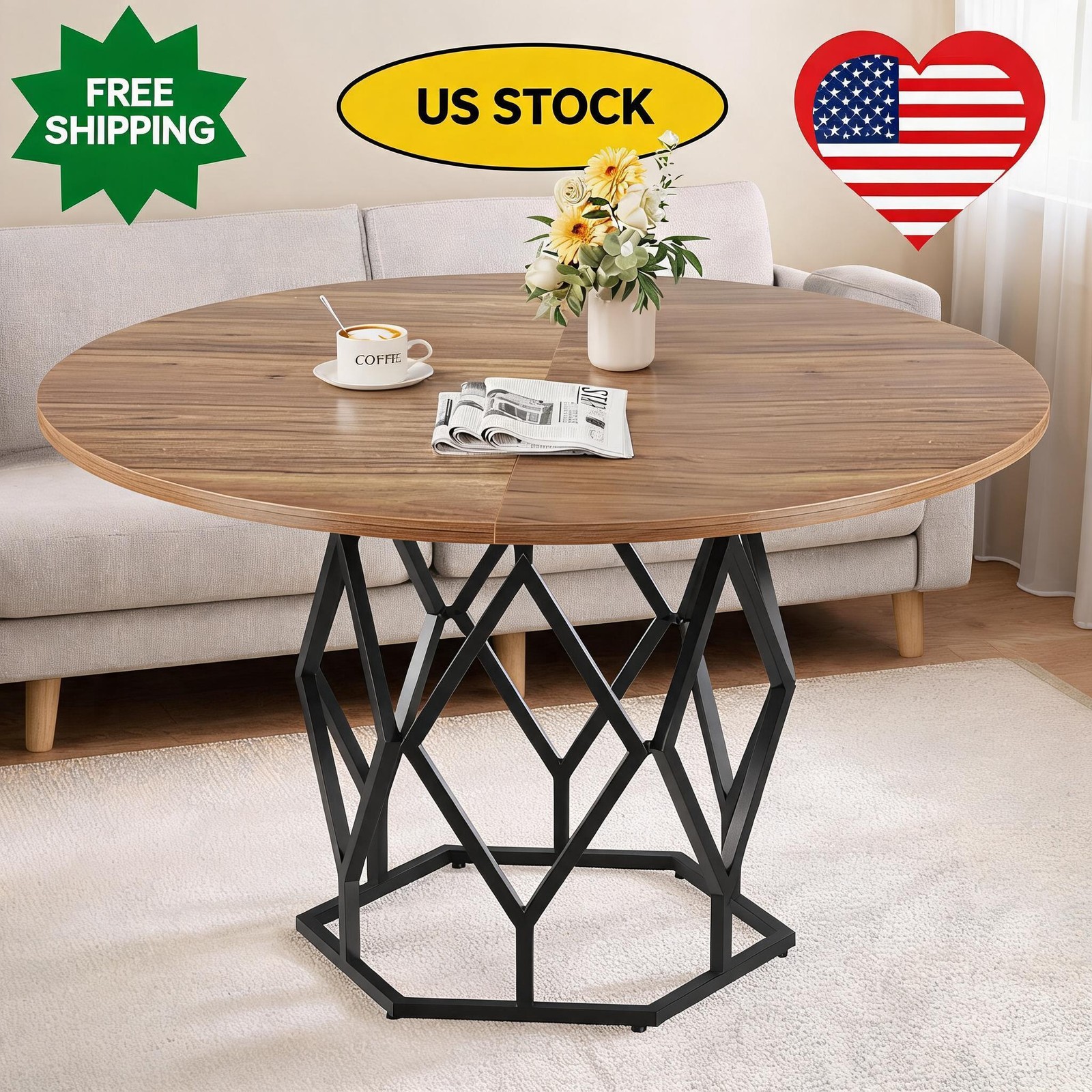 47'' Round Dining Table,Rust-Proof Metal Base, Stable Streamlined Design for 4-6