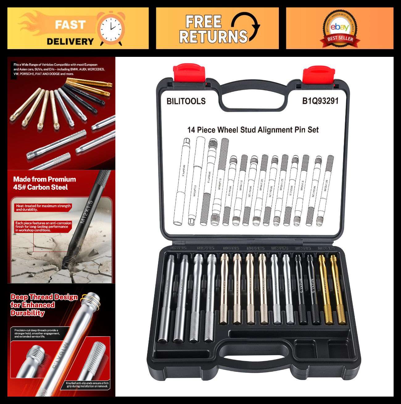 14pcs Wheel Hanger Alignment Pin Set, M12/M14/M16 Lug Bolt Tool, Carbon Steel, P