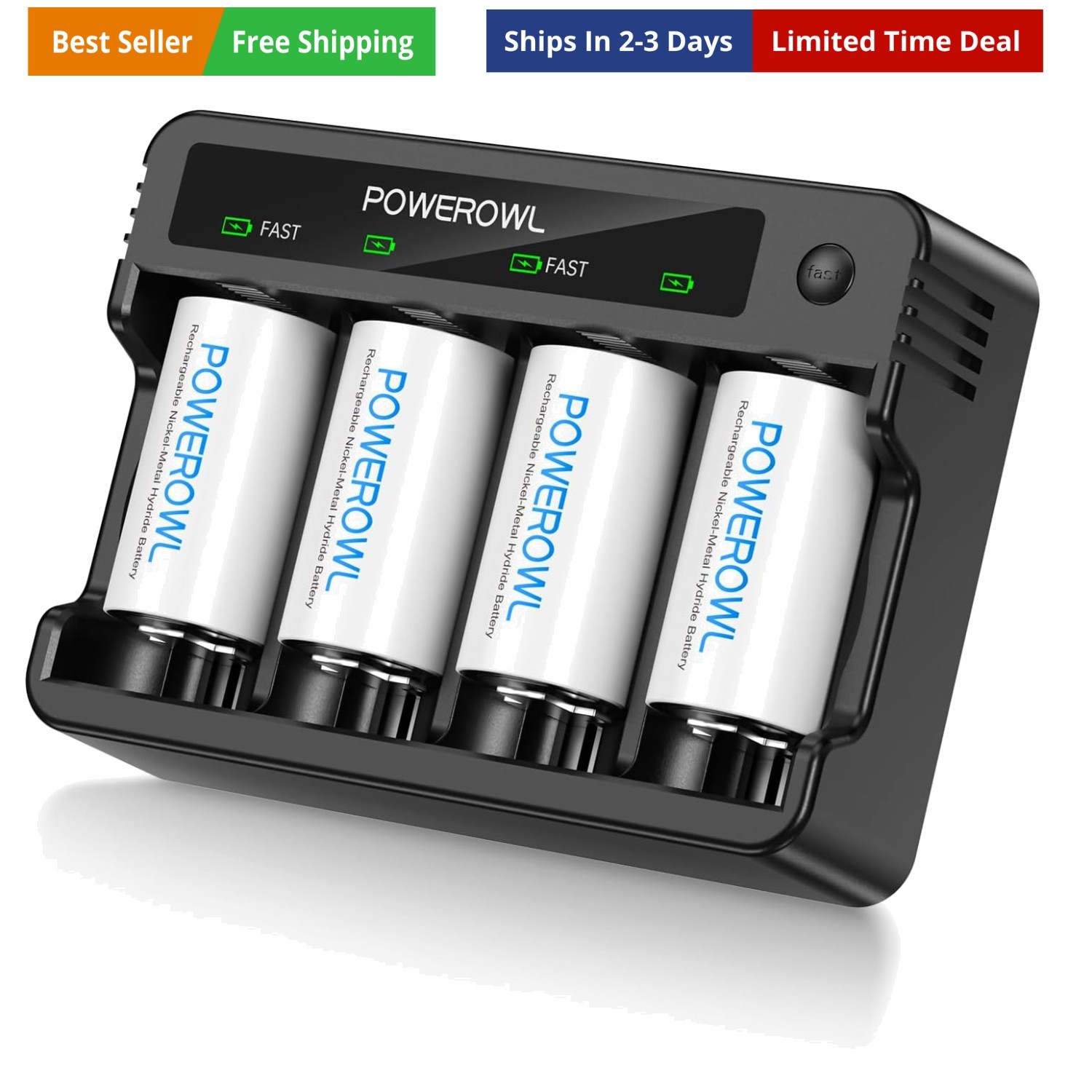 Rechargeable D Batteries with 4 Bay Battery Charger, USB Quick Charging, for ...