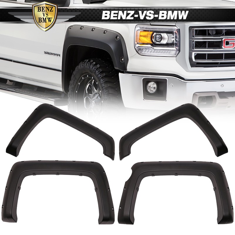 Fits 14-16 GMC Sierra 1500 Sanded Pocket Rivet Style Fender Flares Black