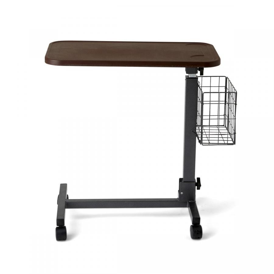 Medline Fold-Flat Overbed Table Basket Walnut 50 lb Capacity Height Adjustable 1