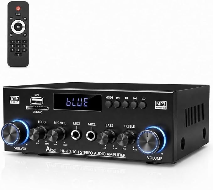 Bluetooth 5.0 Stereo Amplifier, 2.1 Channel 400W Home Audio Stereo Receiver for