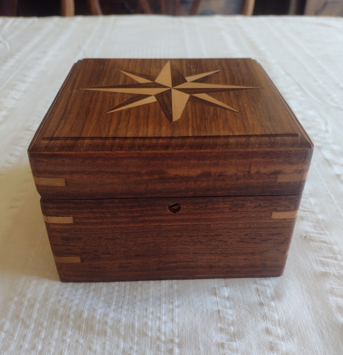 Wood Hinged Box With Compass Inside 4.75" X 4.75" X 3.25"