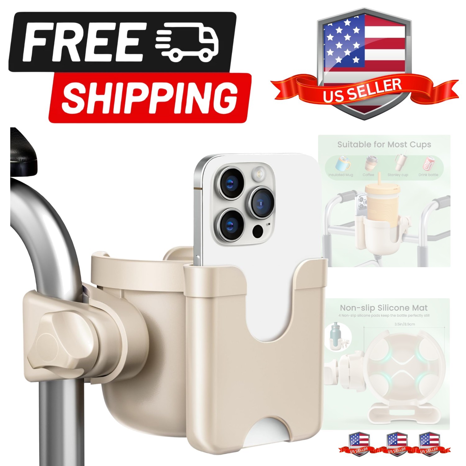 Cup Holder for Walker, Wheelchair Cup Holder with Phone Holder, Rollator Acce...