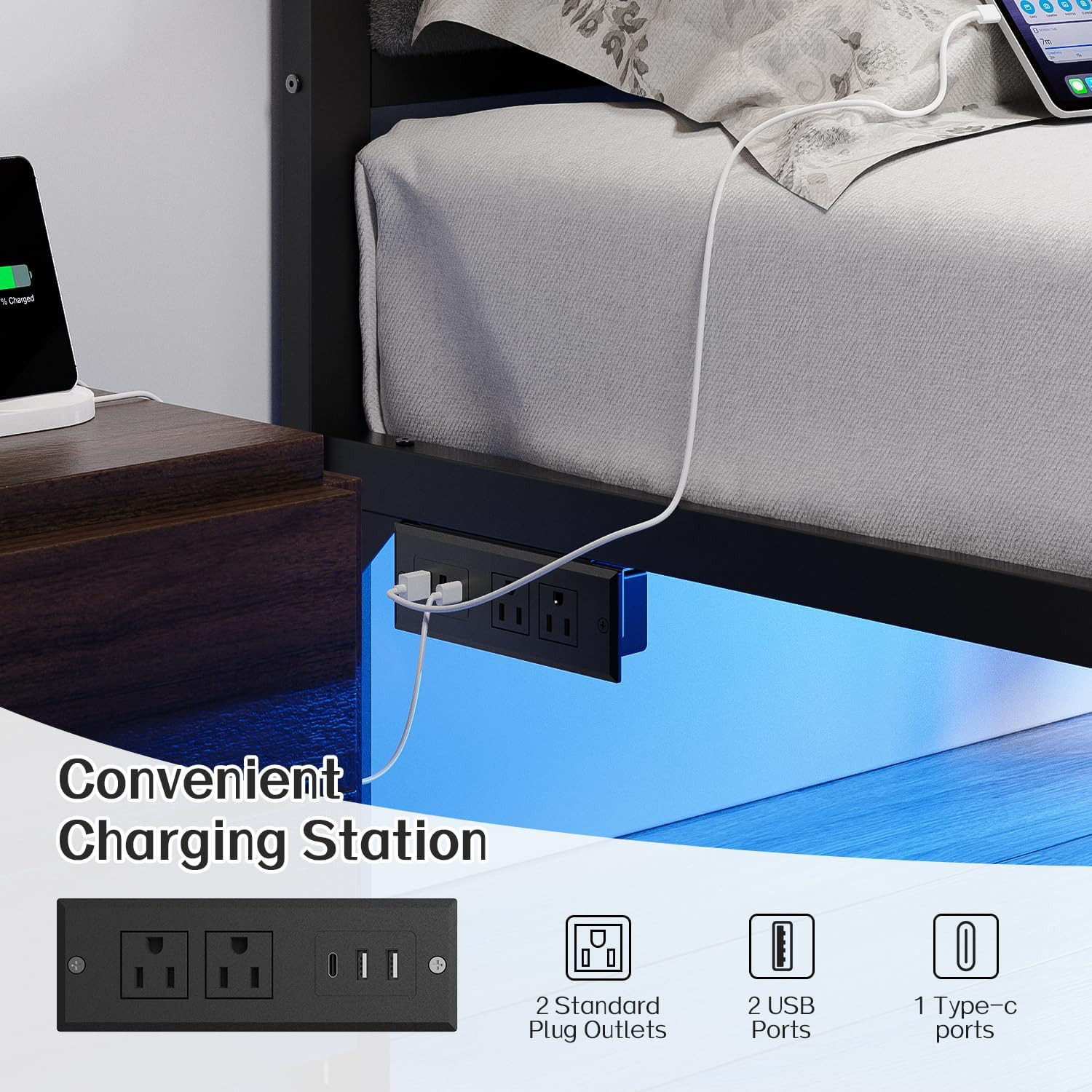 Full Bed Frame with Headboard Metal Platform Bed Full Size with USB Charging Sta