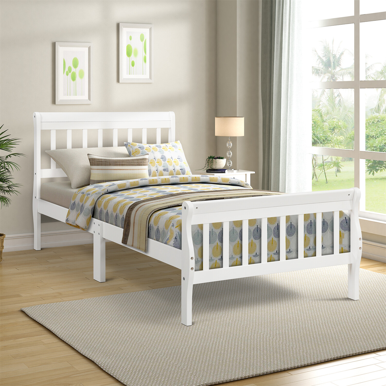 Twin Size Bed Frame Wood Platform Bed Frame with Headboard and Footboard US