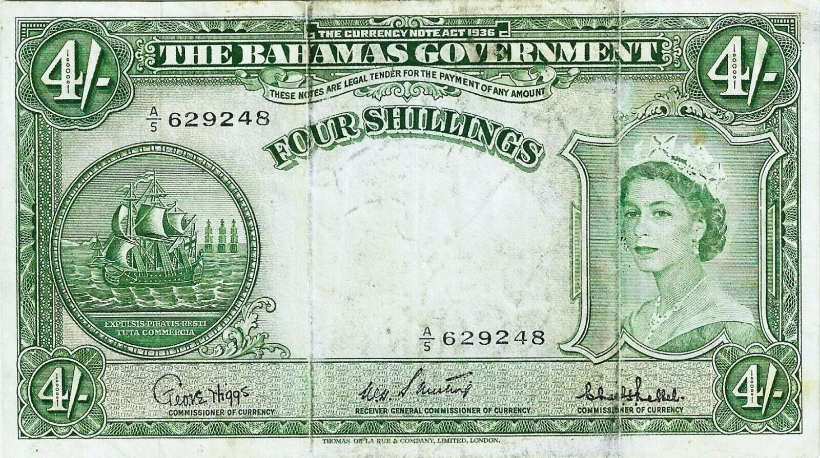 BAHAMAS GOVERNMENT 4 SHILLINGS 1953  P-13c ~ SCARCER SIGNATURES ~ NICE CRISP