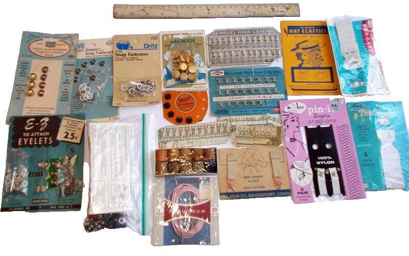 Vintage 40s Hat Elastics Corset Ties Bra Lingerie Repair Snaps Hooks Sewing Lot