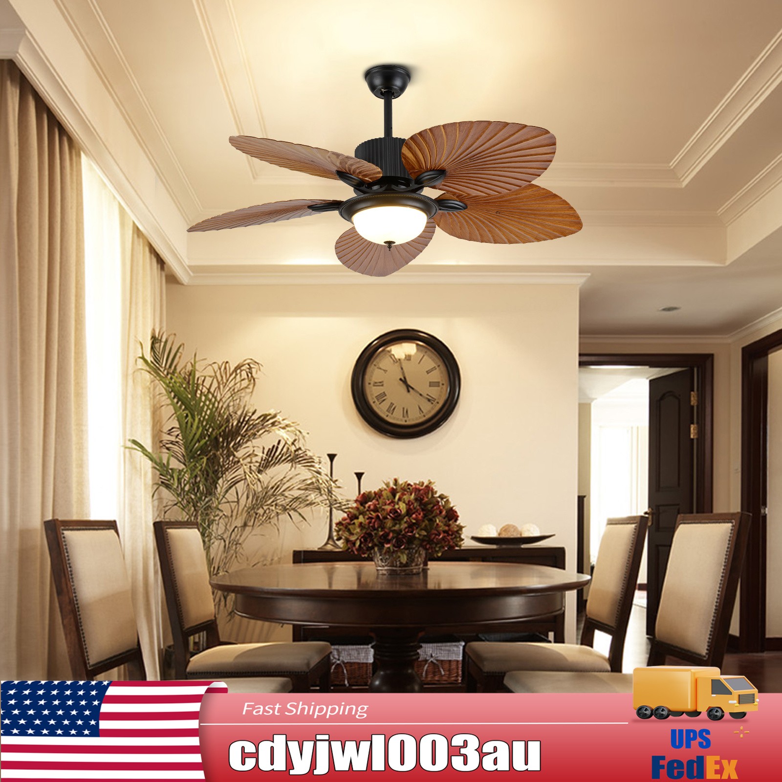 Ceiling Fan Light 52" Tropical Palm Leaf Blades Chandelier Dimmable & Remote