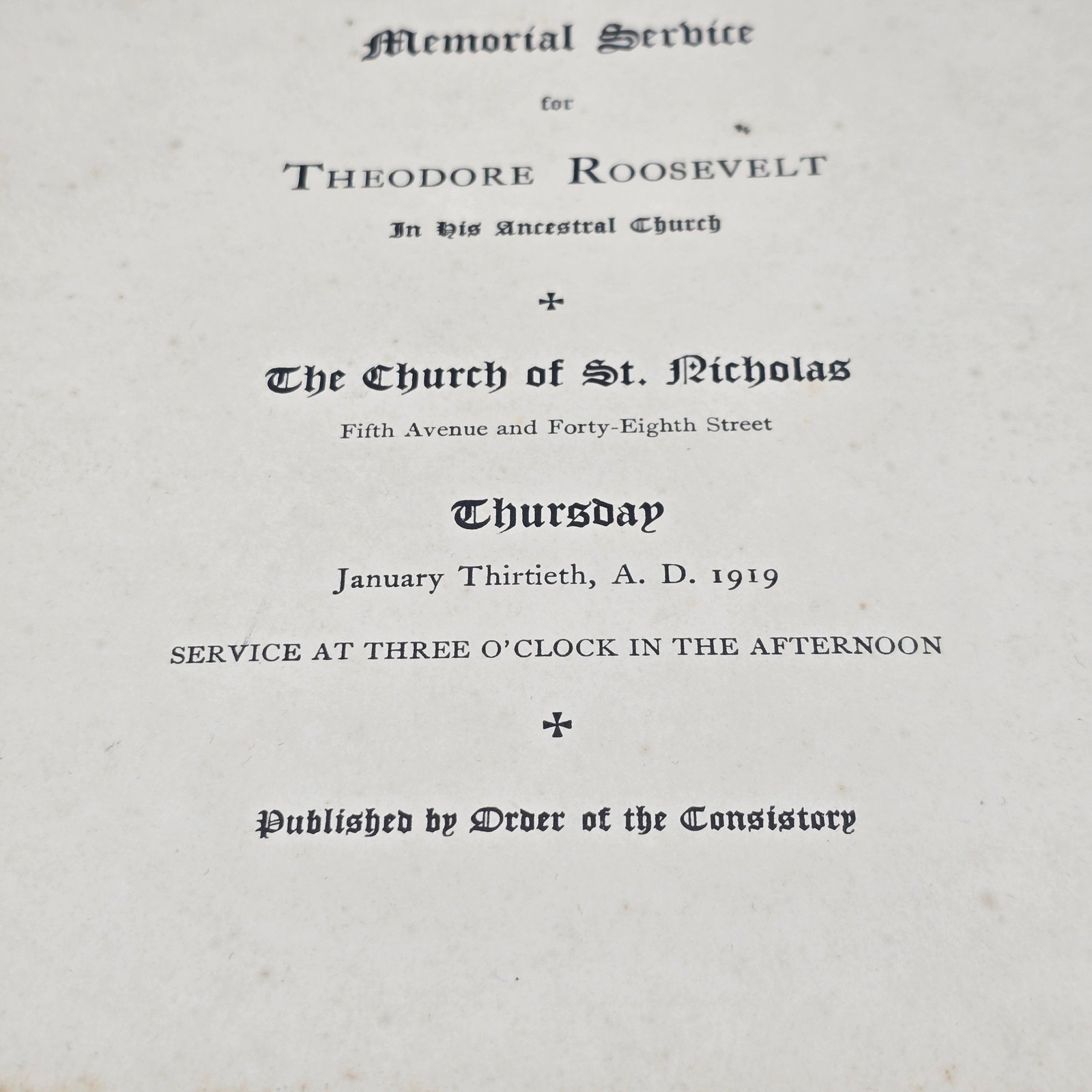 1919 Theodore Roosevelt Memorial Service Program