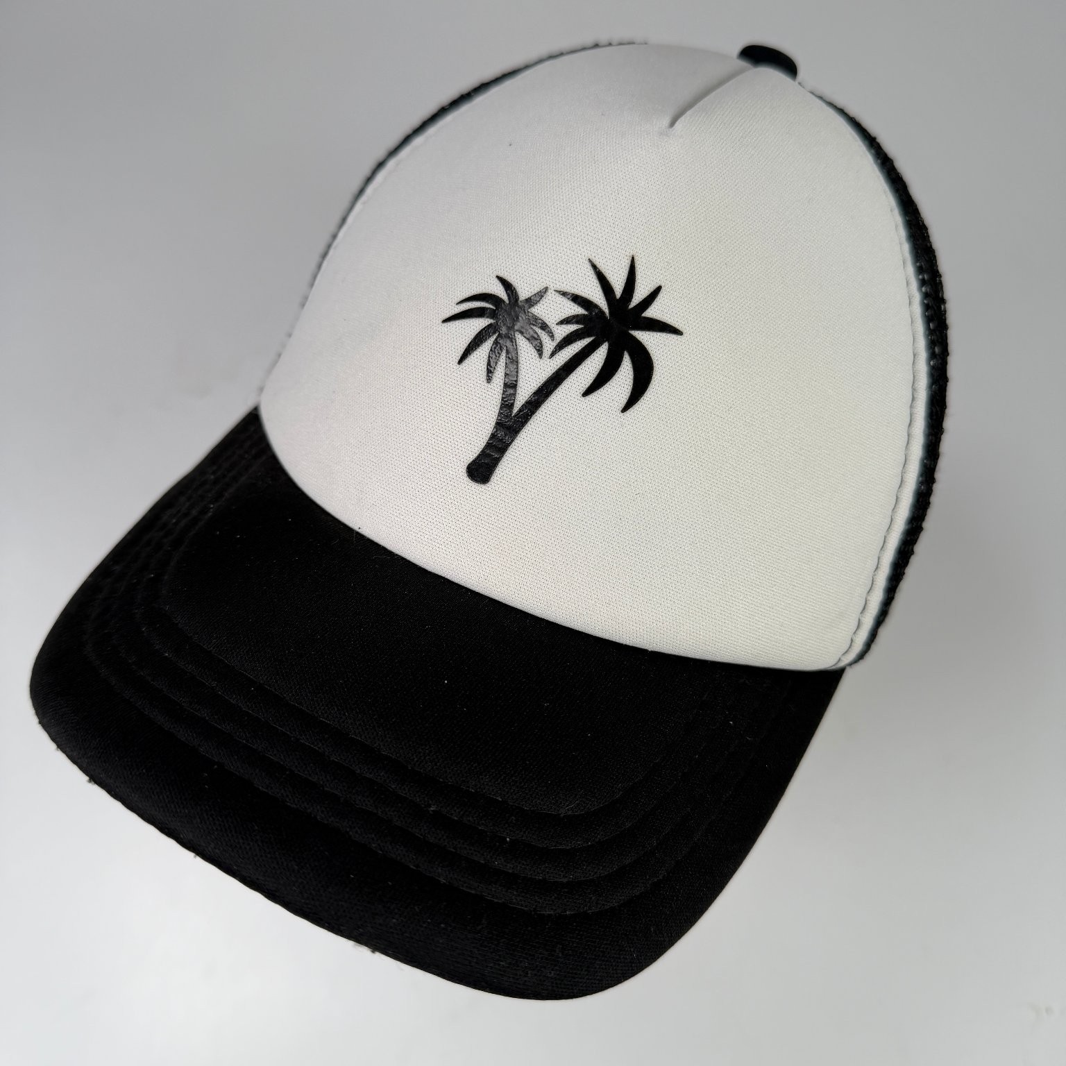 Boys Black White Adjustable Trucker Hat Mesh Palm Tree Design
