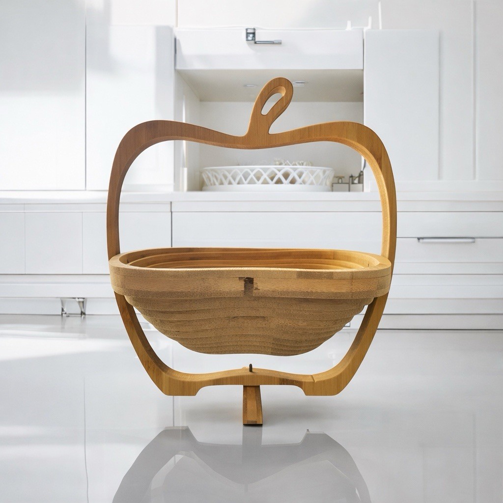 Apple Shaped Bamboo Expandable Trivet Fruit Basket Folding Wooden Kitchen Decor