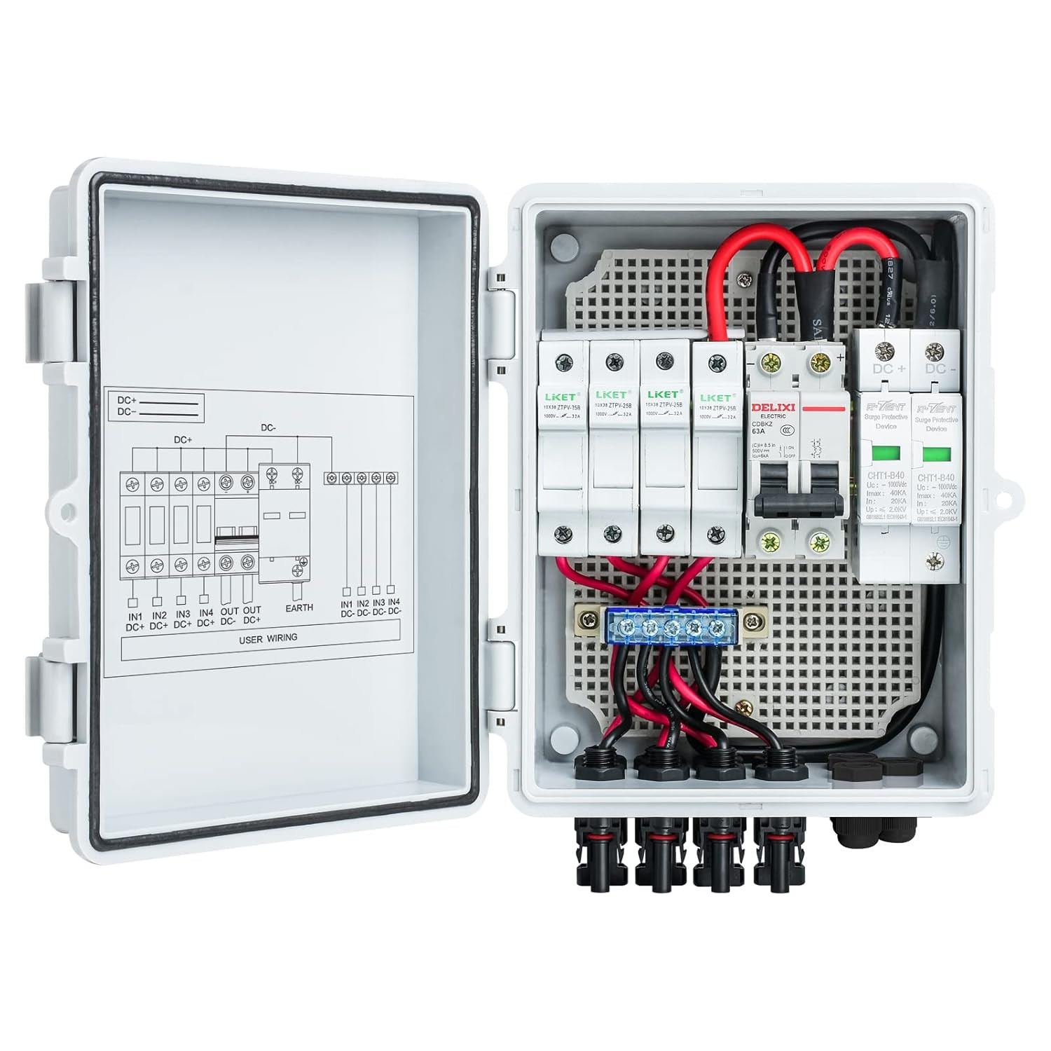 Solar Combiner Box,  4-String PV Combiner Box with 10A Circuit Breakers & Lightn