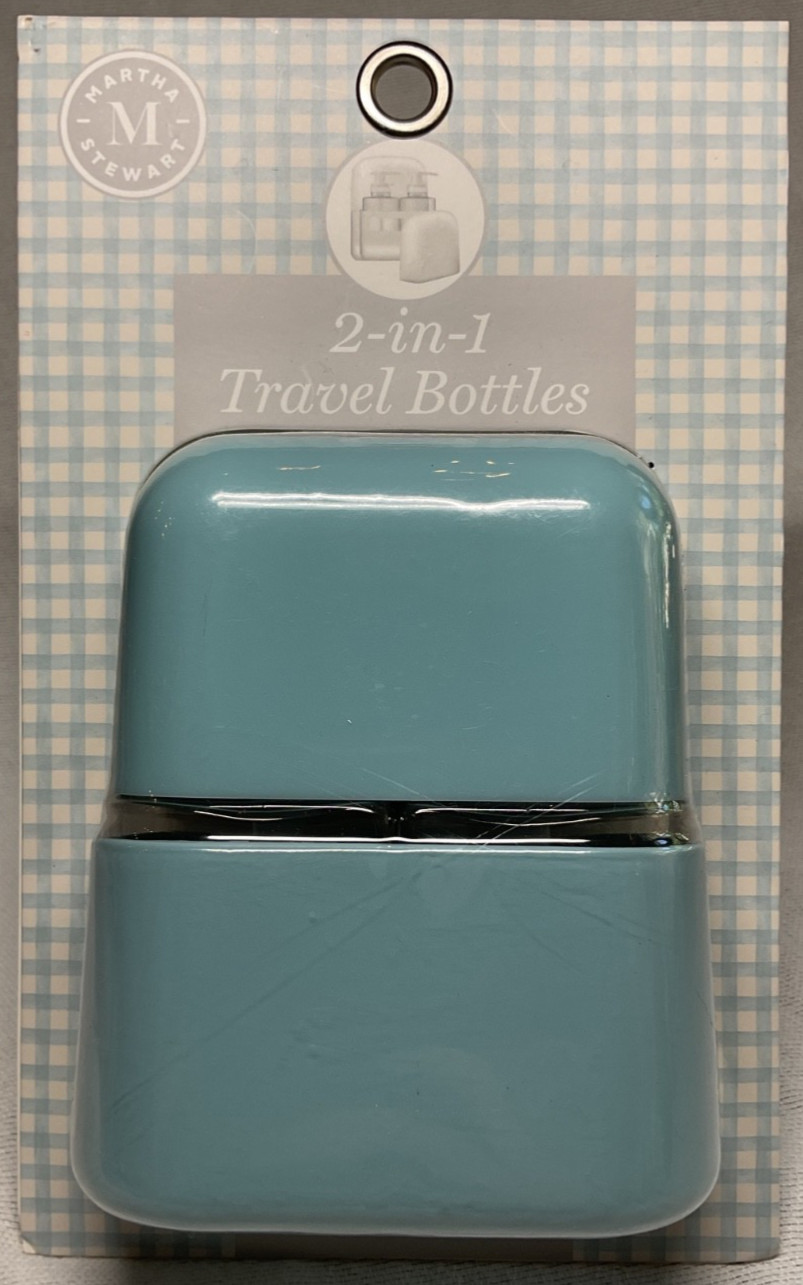 MARTHA STEWART 2 IN 1 TRAVEL PUMP BOTTLES BLUE WHITE CASES LABELS NIP