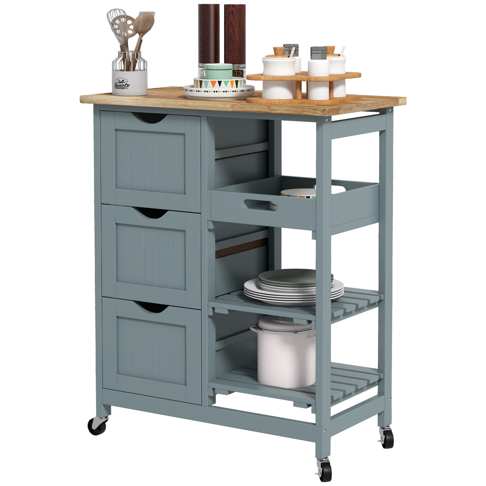 Rolling Kitchen Cart, Kitchen Island with Wood Top, Shelves & Drawers for Dining