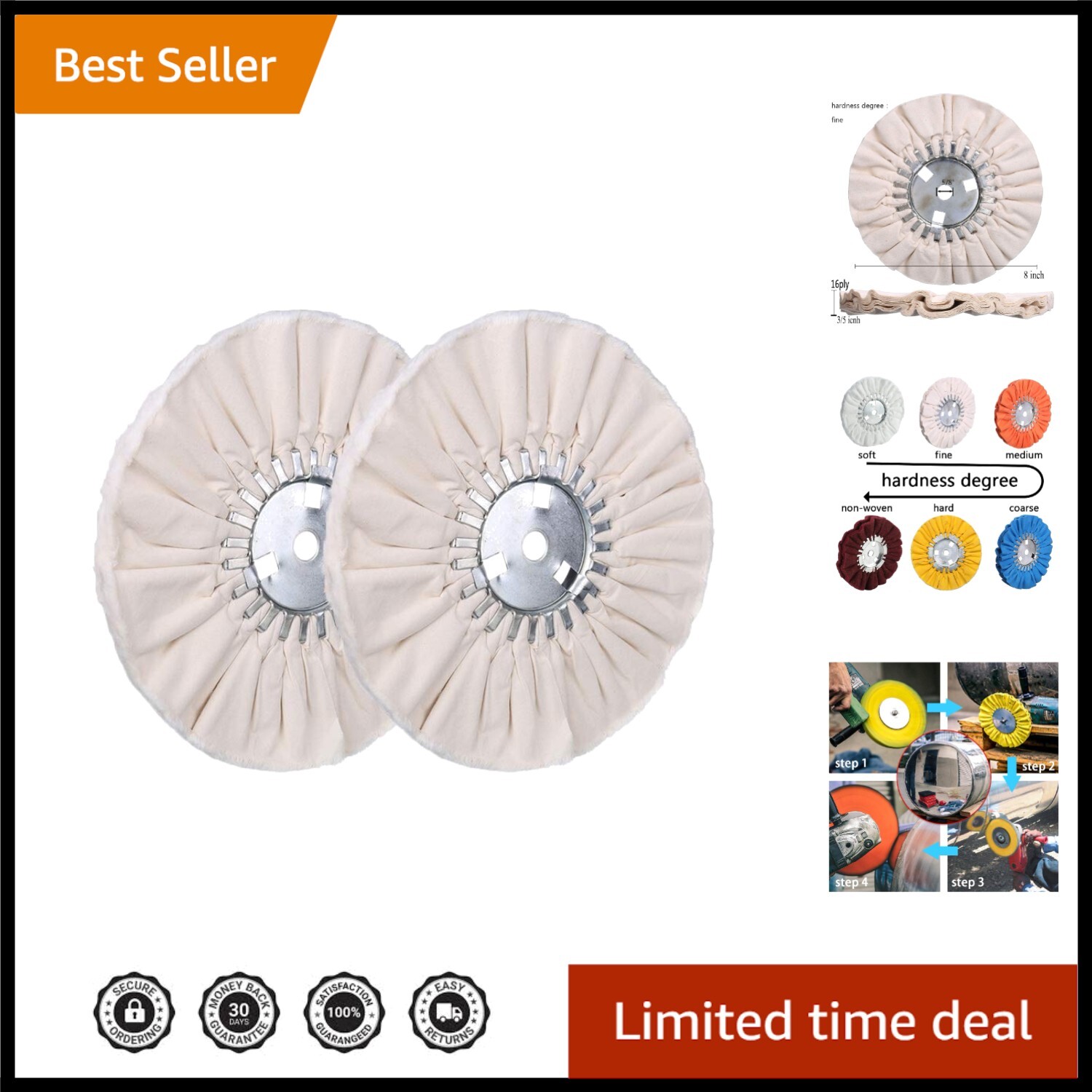 Efficient 8-Inch Buffing Wheel Set: Fine Polish for Aluminum, Brass, and More
