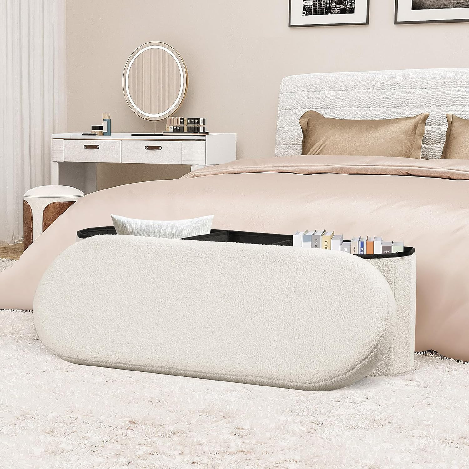 Elegant White Velvet Storage Ottoman Bench with Tufted Design - 43"x15"x15