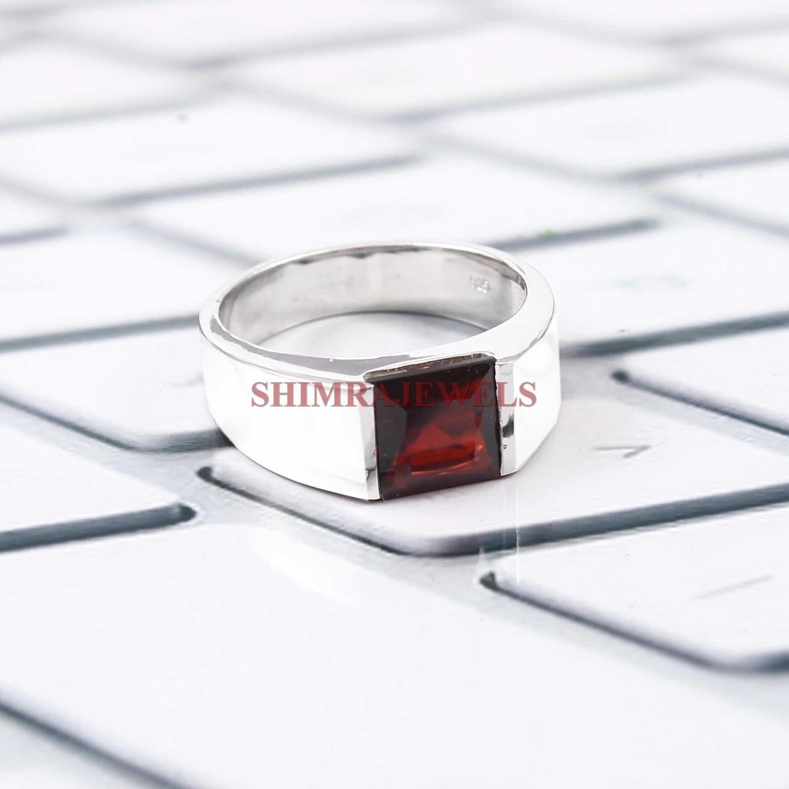 Natural Garnet Gemstone With 925 Sterling Silver Men's Ring #914