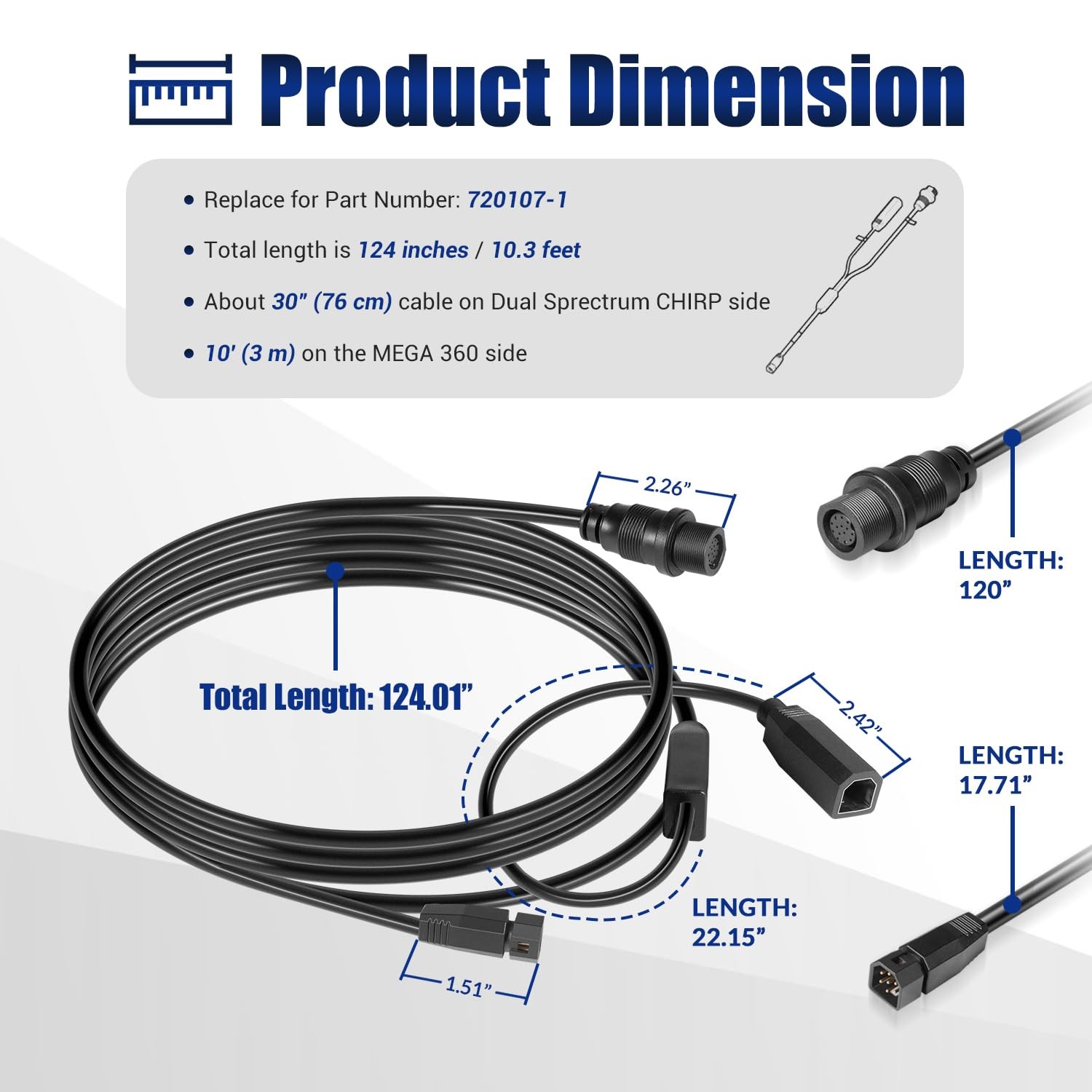720107-1 Transducer Adapter Cable 10ft. Replace 9-M360-2-DDI-Y Mega 360 & 2D/MDI