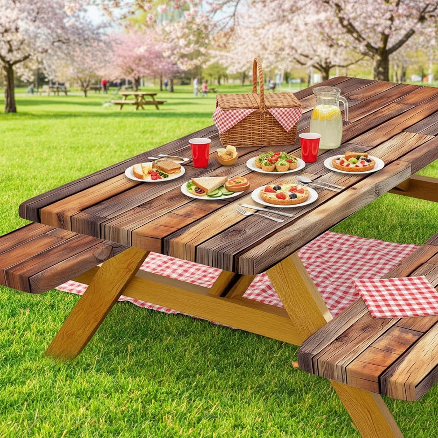 Rustic Wood Picnic Table Cover with Bench Covers Waterproof Windproof Elastic