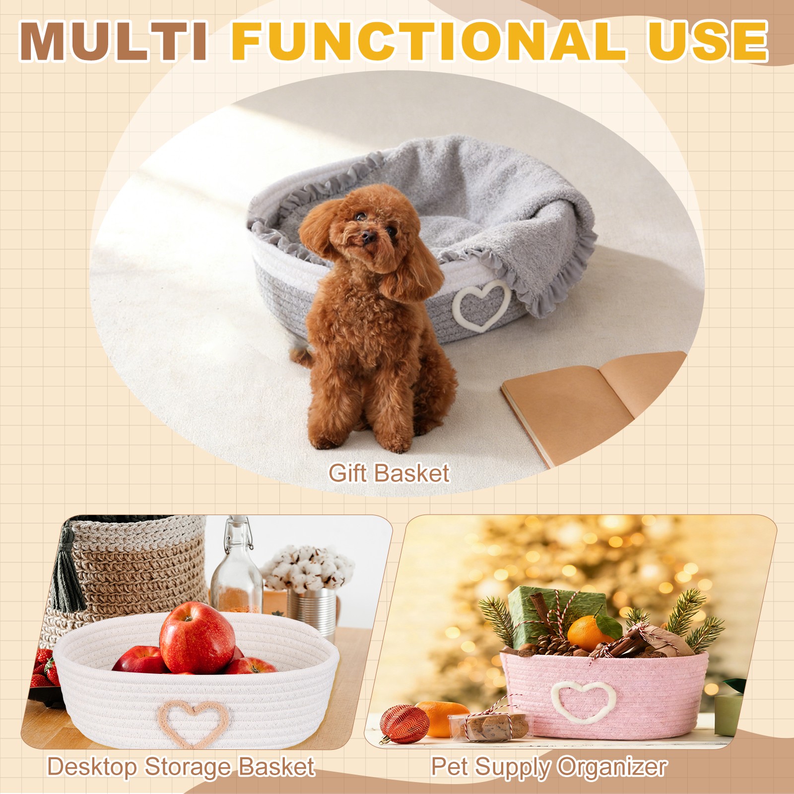 Rectangular Rope Basket 10x5.9x3.1Inch Small Woven Baskets White/Pink,