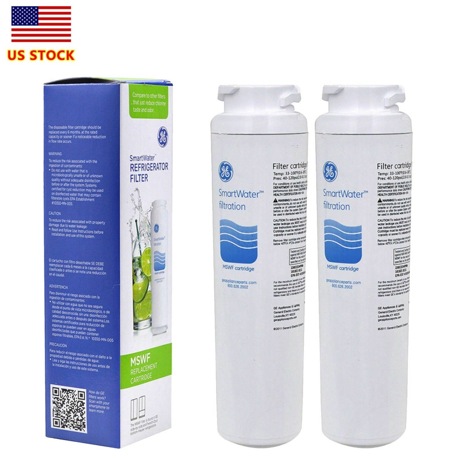 GE MSWF refrigerator water filter replacement SmartWater filter new - 2PACK