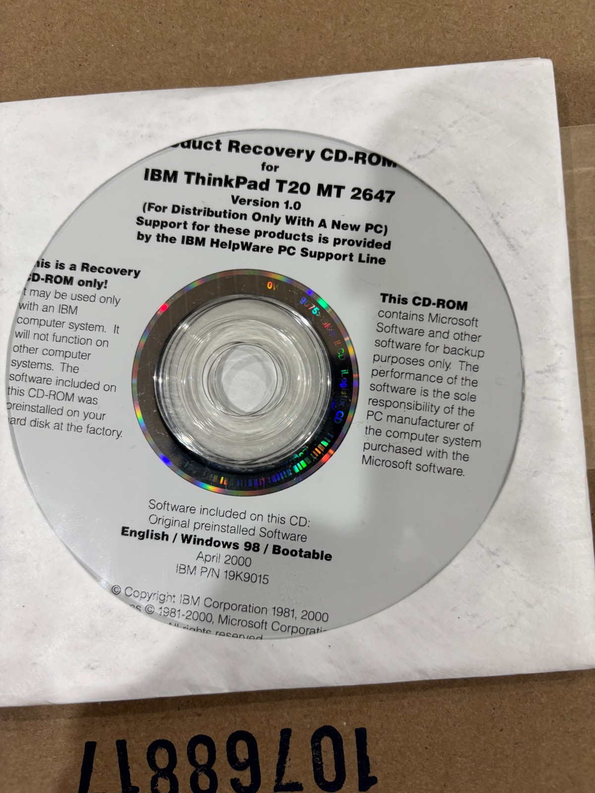 IBM Thinkpad T20  MT 2647 Recovery CD