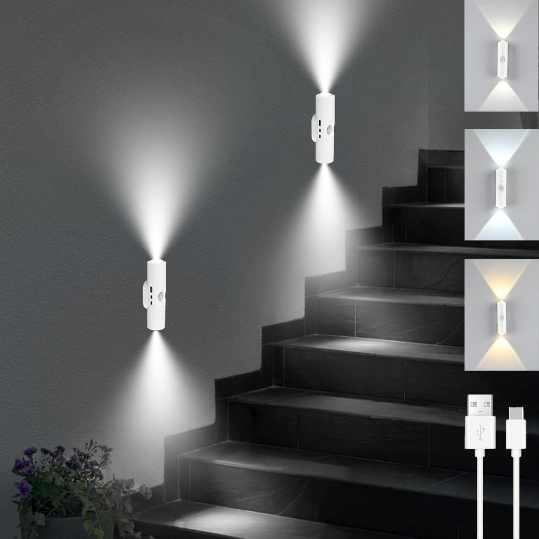 2× Magnetic Rechargeable LED 3 Colors Gradient Motion Sensor Night Lights USA