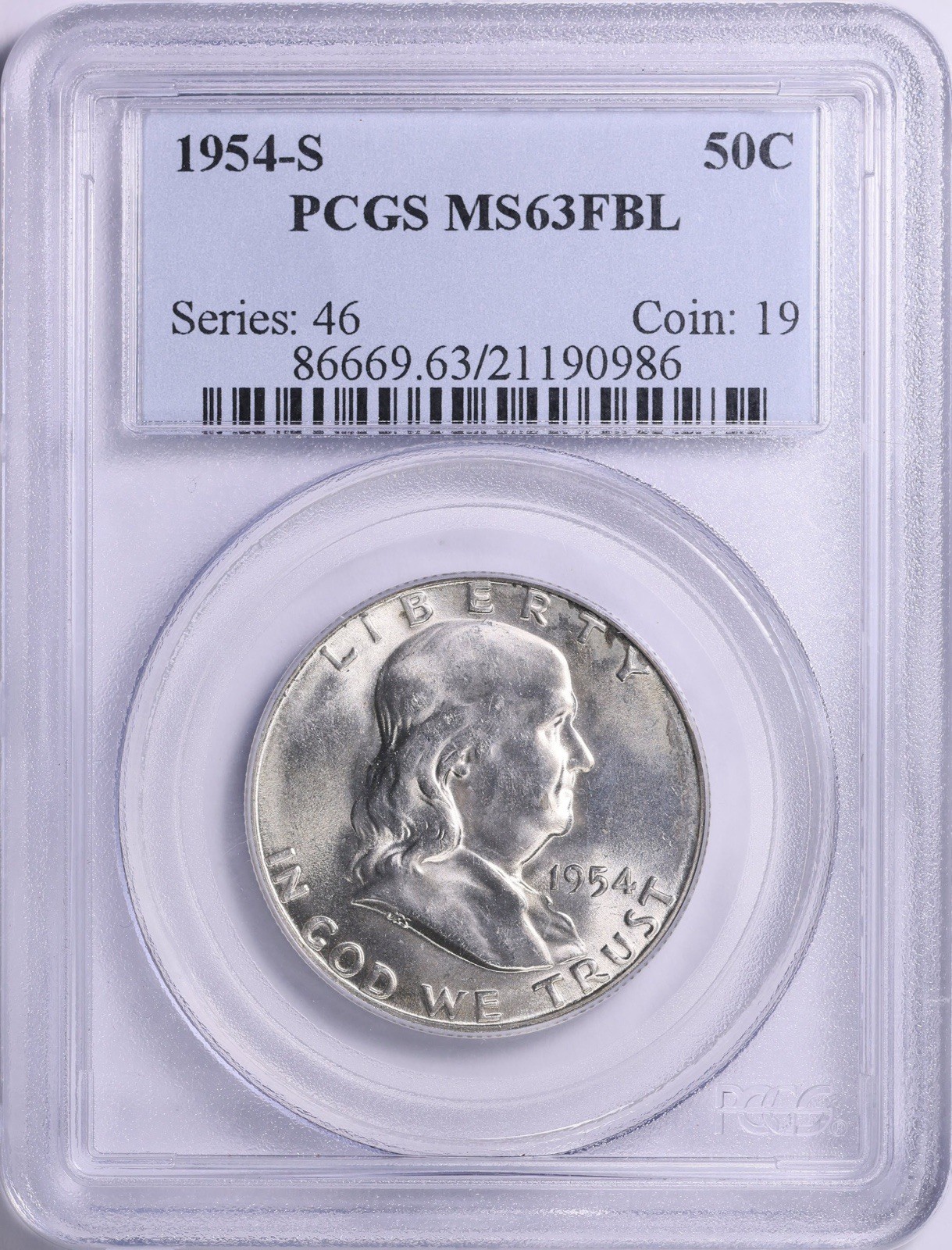 1954-P 50C FRANKLIN HALF DOLLAR PCGS MS63FBL FBL FULL BELL LINES WHITE BLAST