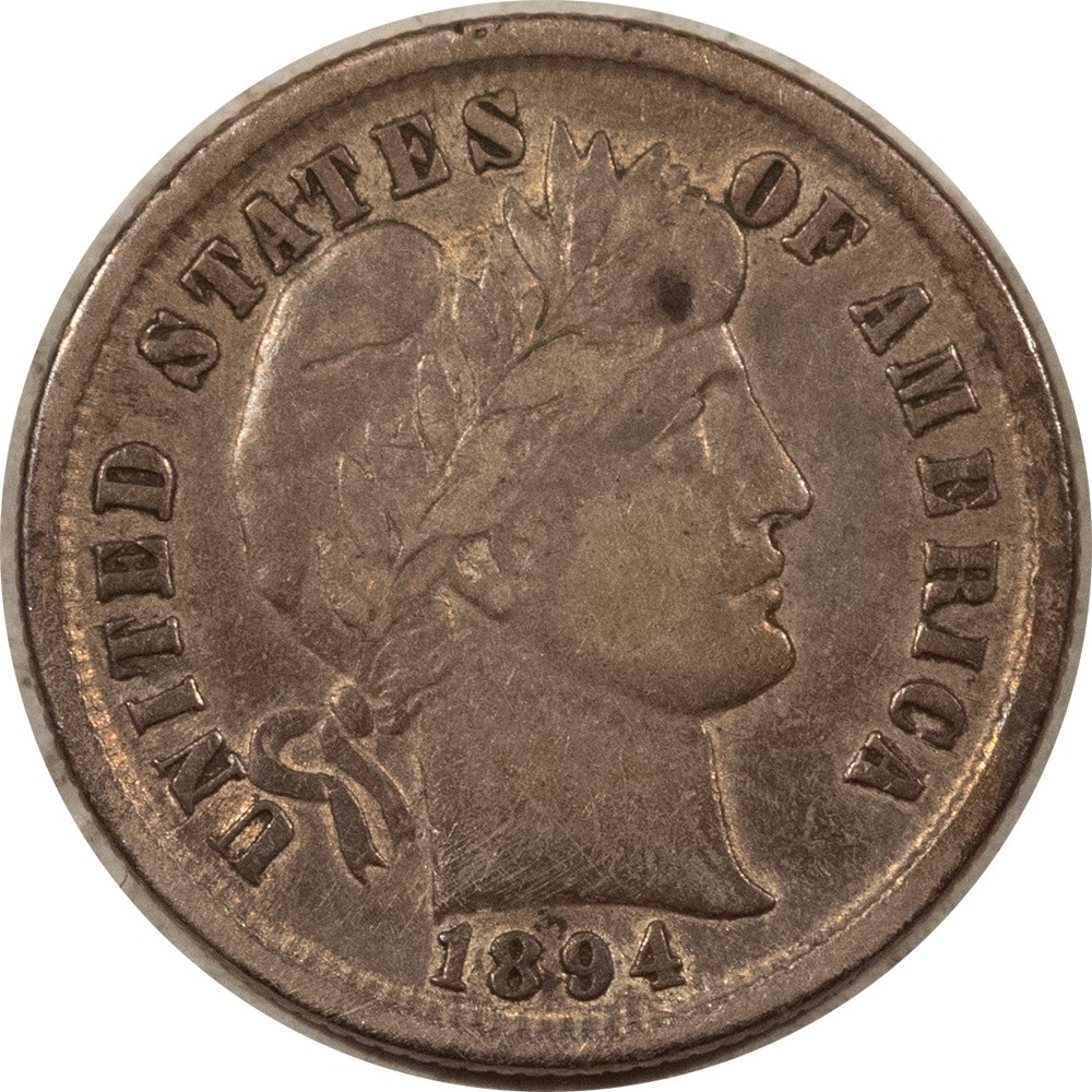 1894 BARBER DIME - HIGH GRADE CIRCULATED EXAMPLE, TRACES OF A VERY OLD CLEANING!