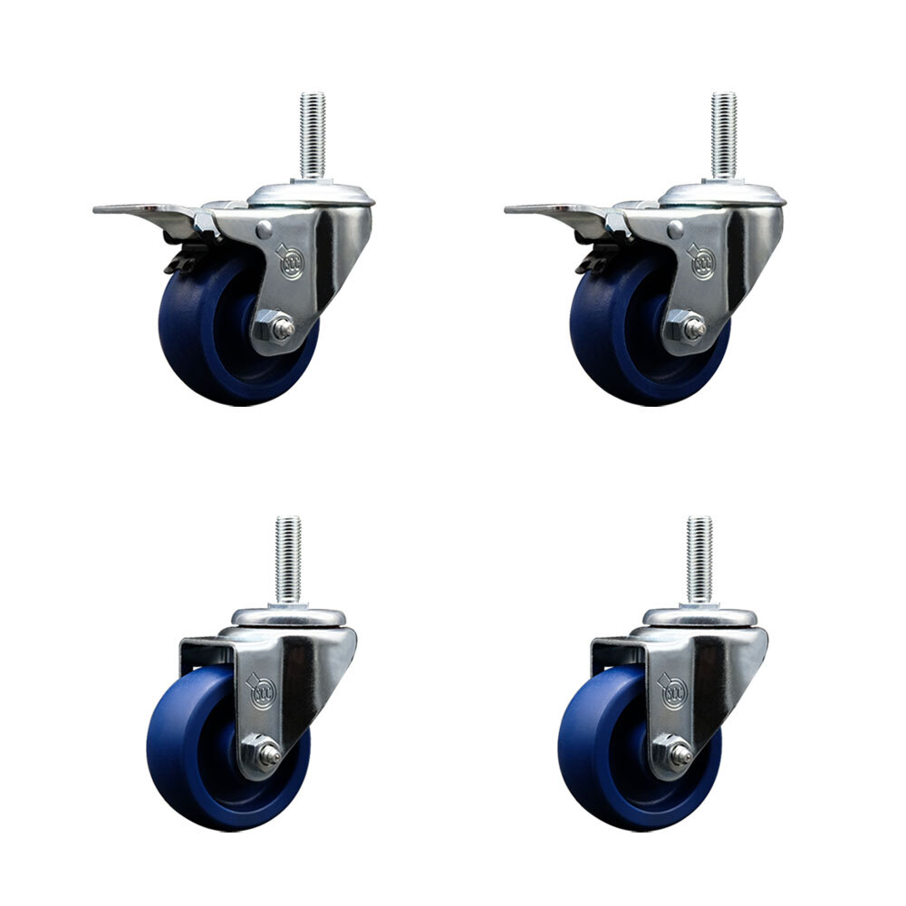3 Inch Solid Poly Swivel 3/4 Inch Threaded Stem Caster Set 2 Total Lock Brakes