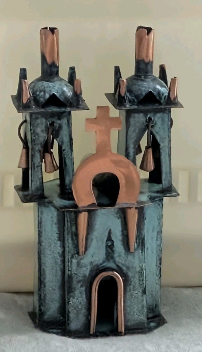 Vintage Rare Green Bronze Copper Ayacucho Metal Church W/Bells From Peru 4 Inch