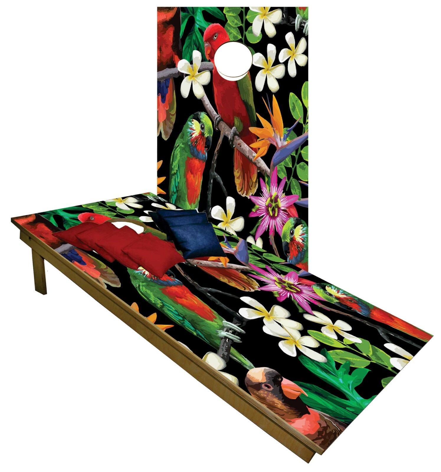 CORNHOLE BEANBAG TOSS GAME w Bags Game Board Parrot Tropical Flowers  Set