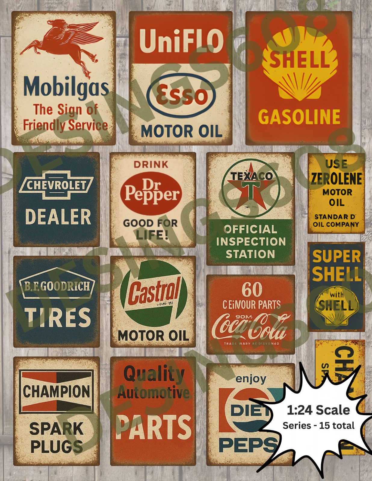 15 Vintage Garage Signs 1:24 Scale Signs Gas Station Shell Texaco Mobile