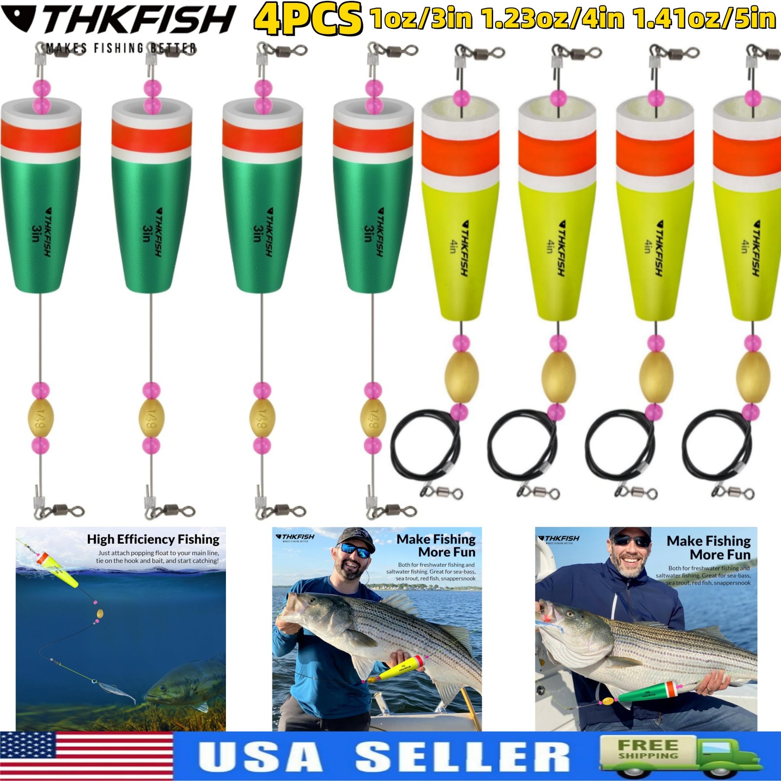 4PCS Fishing Bobbers Popping Cork Weighted Floats for Saltwater Freshwater Bass