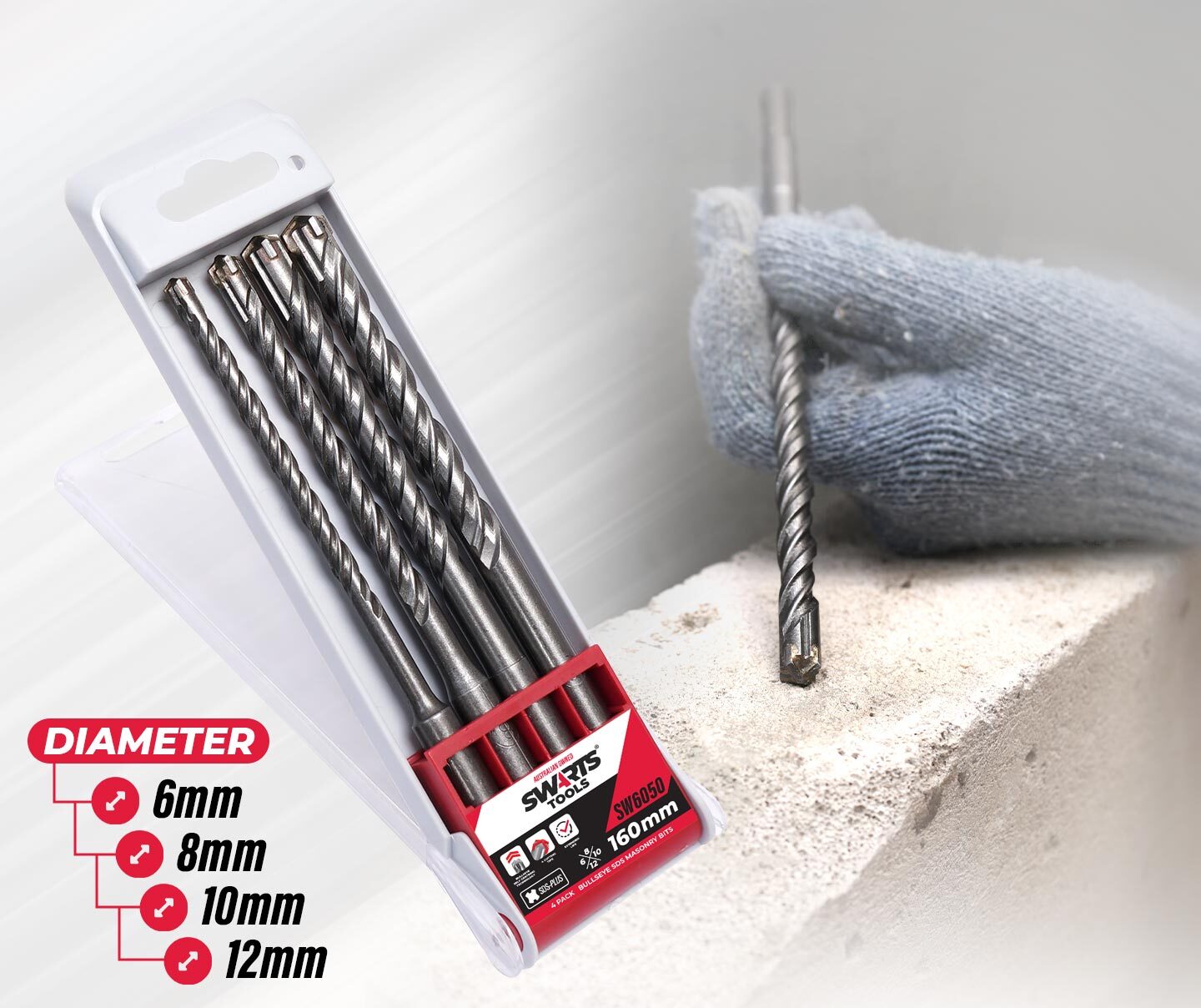 4pc 160mm SDS Plus Rotary Hammer Masonry Drill Bits Set - Self Centering Carbide