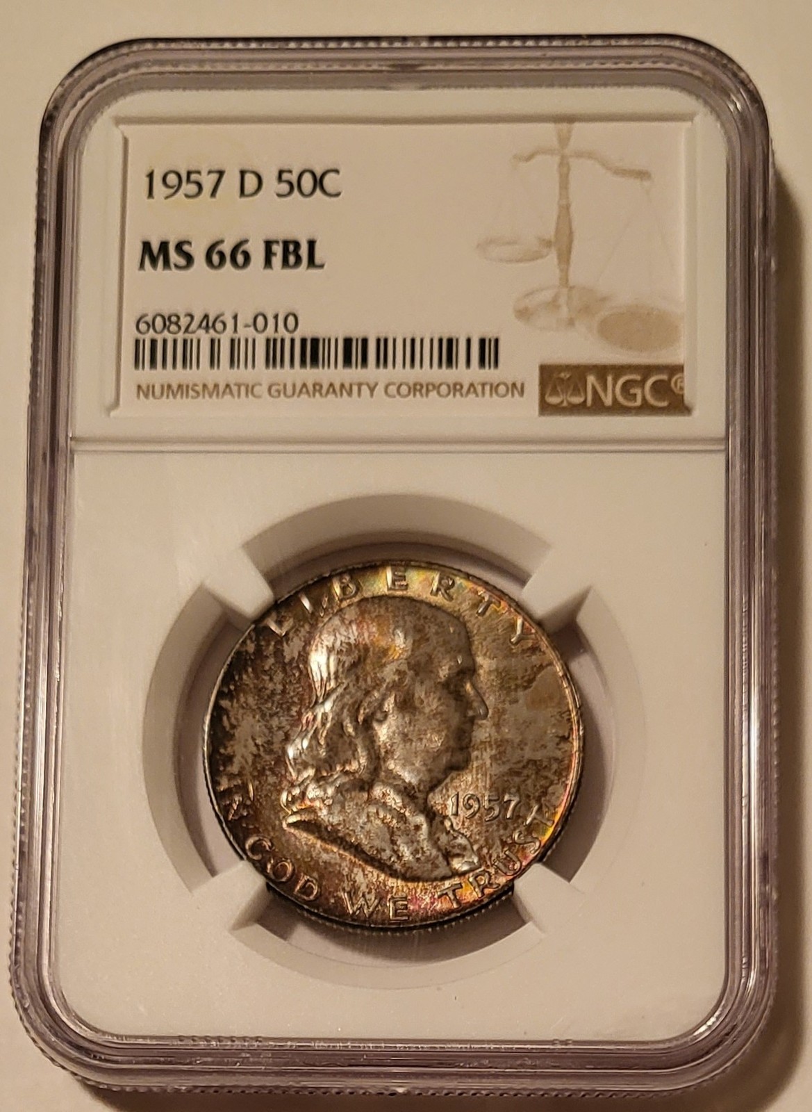 1957 D Franklin Half Dollar MS66 FBL NGC Toned