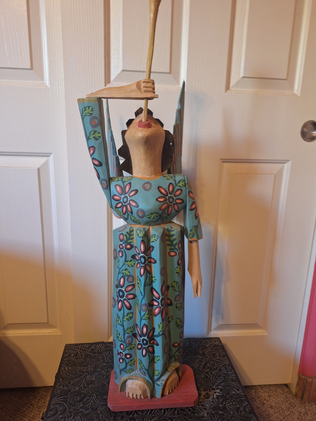 Large Guatemala Angel Wood Folk Art Santos Saint Gabriel Trumpet Religious