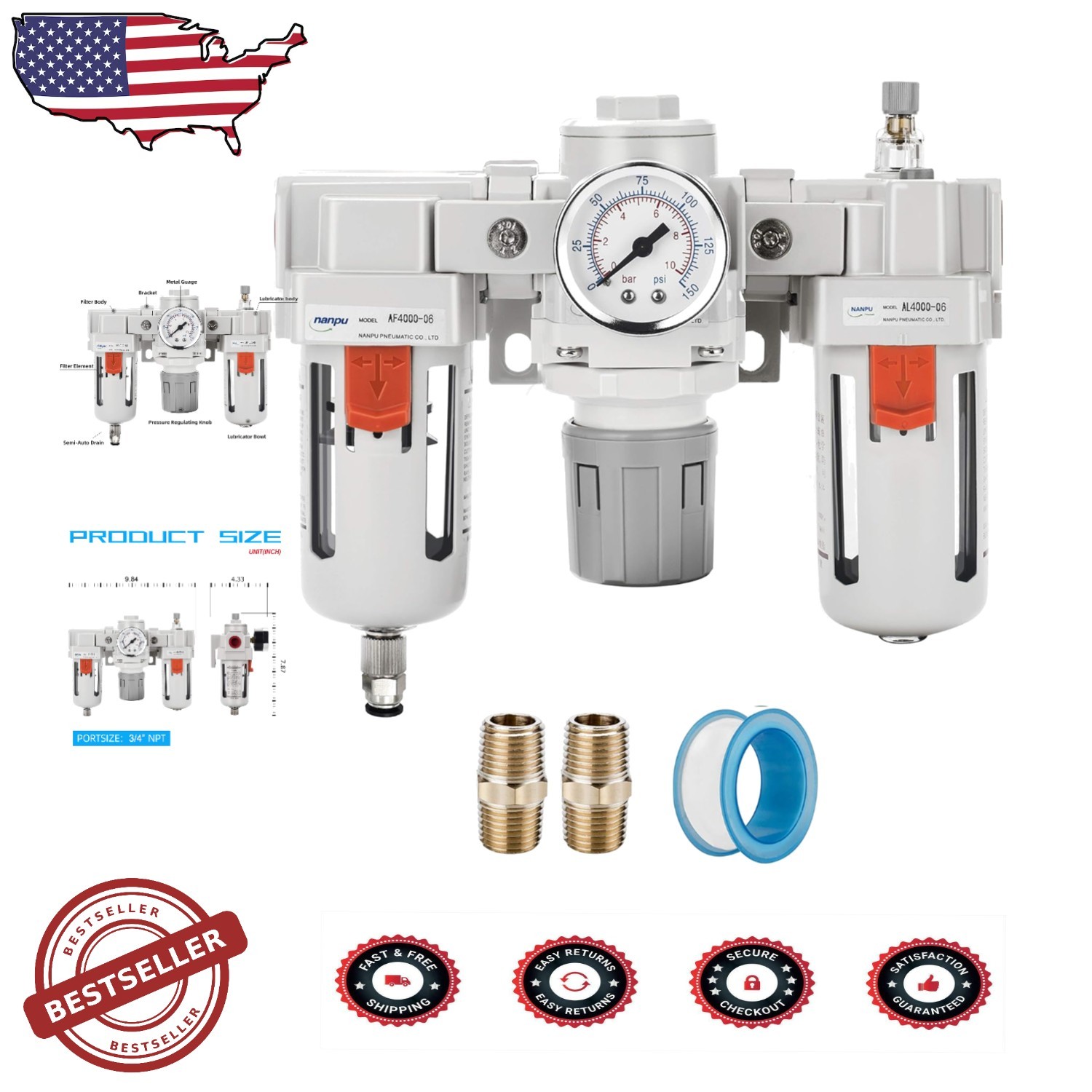 Heavy Duty 3/4" NPT Air FRL: Filter, Regulator, Lubricator - 0-125psi, Poly Bowl